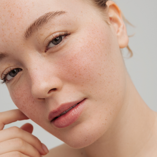 Close-up of a woman's face with a neutral background